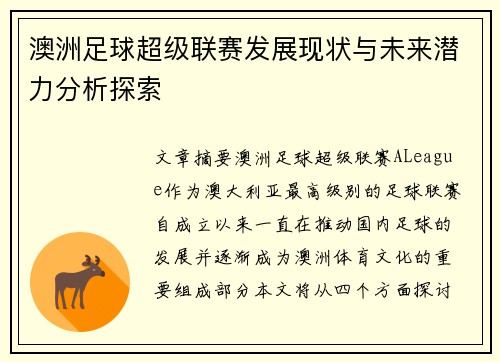 澳洲足球超级联赛发展现状与未来潜力分析探索